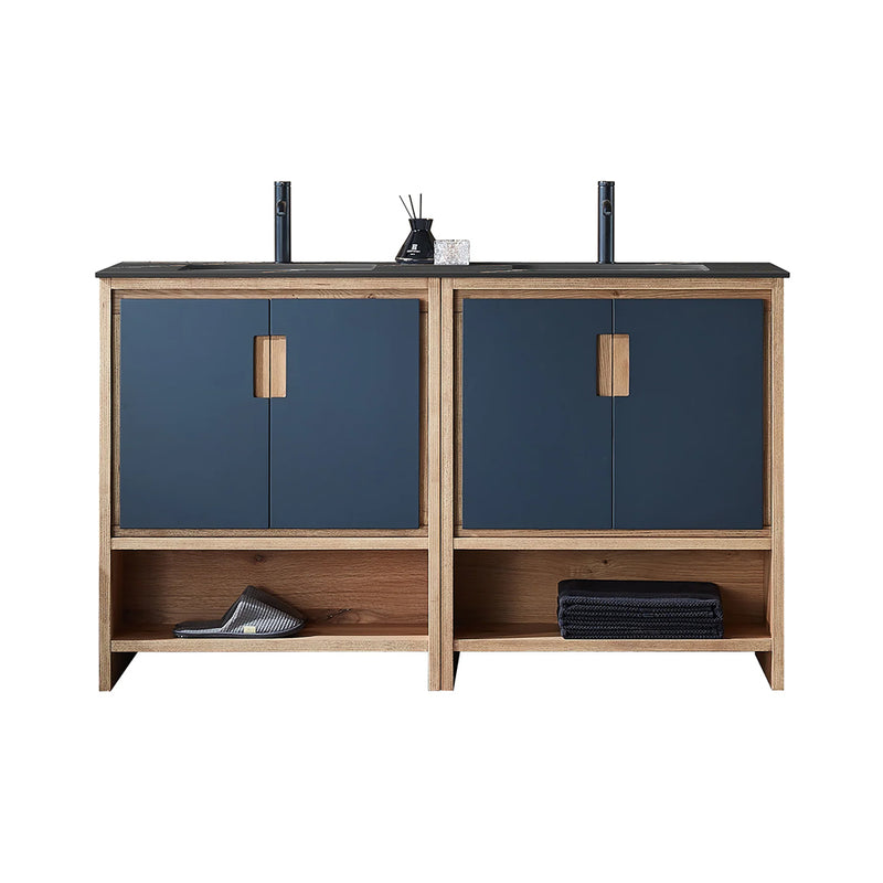 Lyon 4 Doors And 2 Open Shelf Bathroom Vanity with Black Stone Sink - Floor Mount - 60" Wood/Black Of Night/Maple