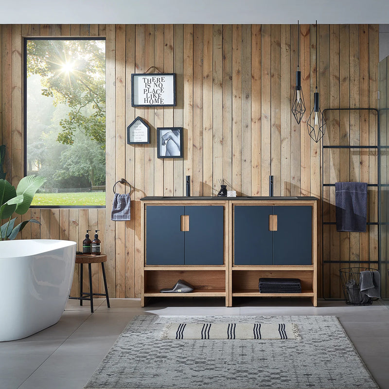 Lyon 4 Doors And 2 Open Shelf Bathroom Vanity with Black Stone Sink - Floor Mount - 60" Wood/Black Of Night/Maple