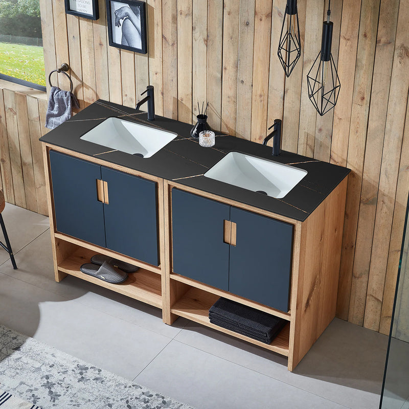 Lyon 4 Doors And 2 Open Shelf Bathroom Vanity with Black Stone Sink - Floor Mount - 60" Wood/Black Of Night/Maple
