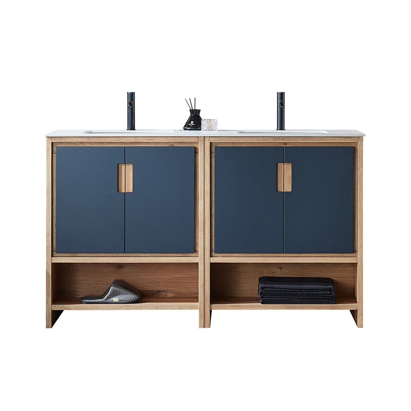 Lyon 4 Doors And 2 Open Shelf Bathroom Vanity with White Stone Sink - Floor Mount - 60" Wood/Black Of Night/Maple