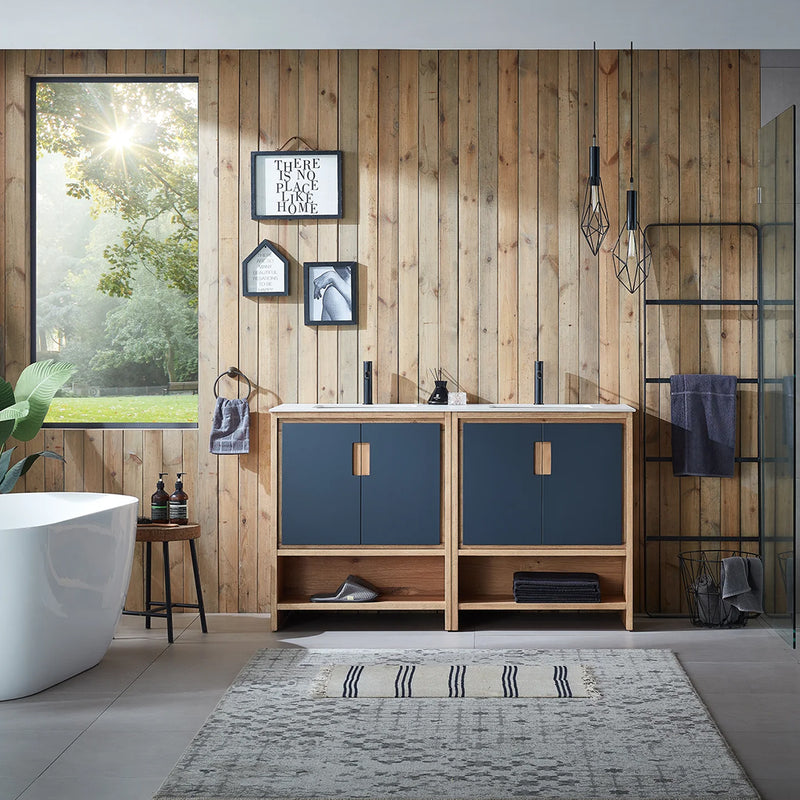 Lyon 4 Doors And 2 Open Shelf Bathroom Vanity with White Stone Sink - Floor Mount - 60" Wood/Black Of Night/Maple