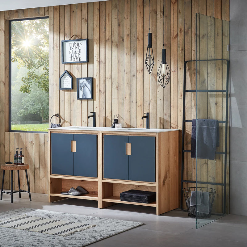 Lyon 4 Doors And 2 Open Shelf Bathroom Vanity with White Stone Sink - Floor Mount - 60" Wood/Black Of Night/Maple