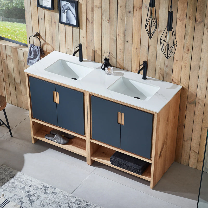 Lyon 4 Doors And 2 Open Shelf Bathroom Vanity with White Stone Sink - Floor Mount - 60" Wood/Black Of Night/Maple