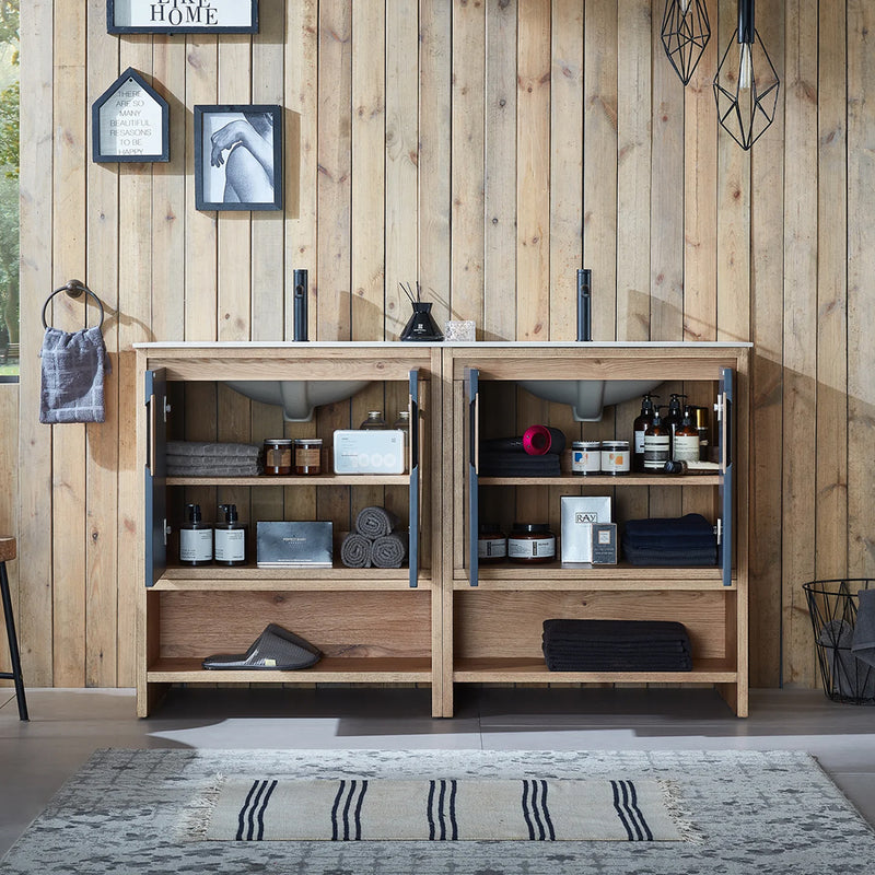 Lyon 4 Doors And 2 Open Shelf Bathroom Vanity with White Stone Sink - Floor Mount - 60" Wood/Black Of Night/Maple