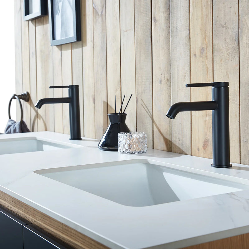 Lyon 4 Doors And 2 Open Shelf Bathroom Vanity with White Stone Sink - Floor Mount - 60" Wood/Black Of Night/Maple