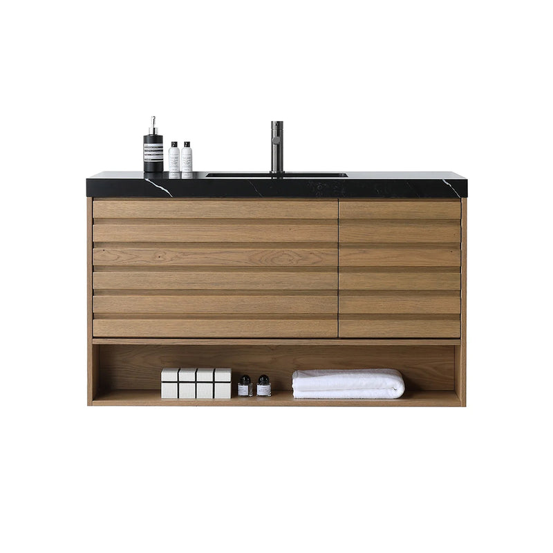 Matera 2 Drawers + 1 Open Shelf Bathroom Vanity with Black Quartz Sink - Wall Mount - 48" Wood/Pecan Oak