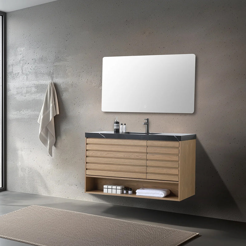 Matera 2 Drawers + 1 Open Shelf Bathroom Vanity with Black Quartz Sink - Wall Mount - 48" Wood/Pecan Oak