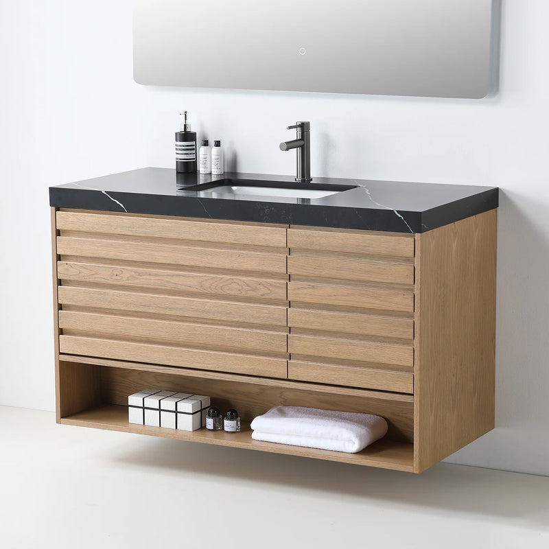 Matera 2 Drawers + 1 Open Shelf Bathroom Vanity with Black Quartz Sink - Wall Mount - 48" Wood/Pecan Oak