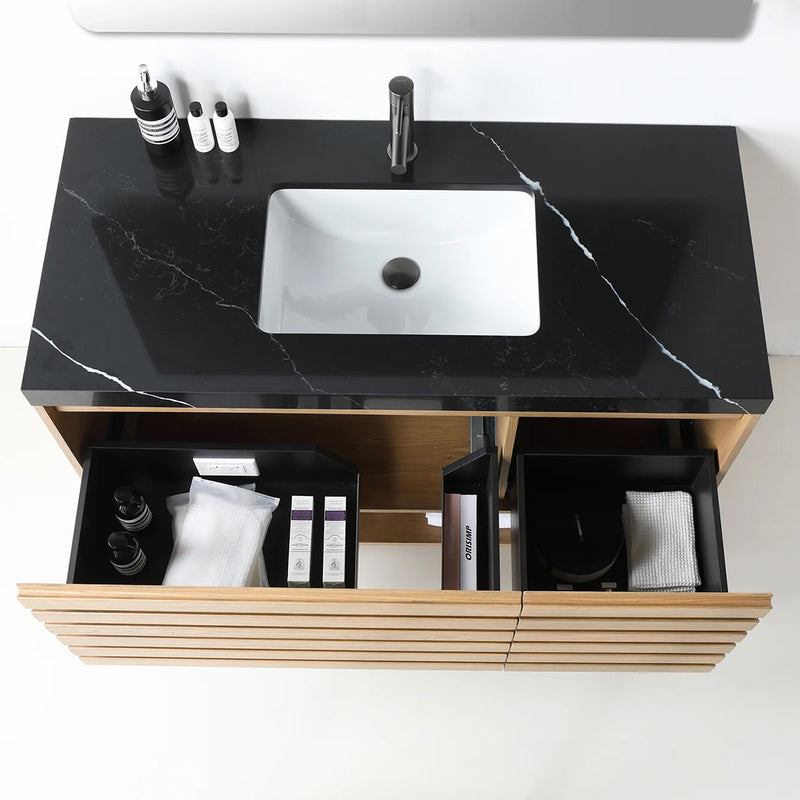 Matera 2 Drawers + 1 Open Shelf Bathroom Vanity with Black Quartz Sink - Wall Mount - 48" Wood/Pecan Oak