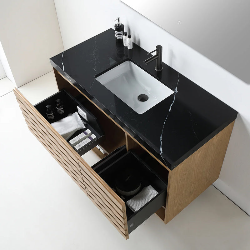 Matera 2 Drawers + 1 Open Shelf Bathroom Vanity with Black Quartz Sink - Wall Mount - 48" Wood/Pecan Oak