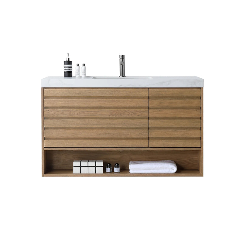 Matera 2 Drawers + 1 Open Shelf Bathroom Vanity with White Stone Sink - Wall Mount - 48" Wood/Pecan Oak