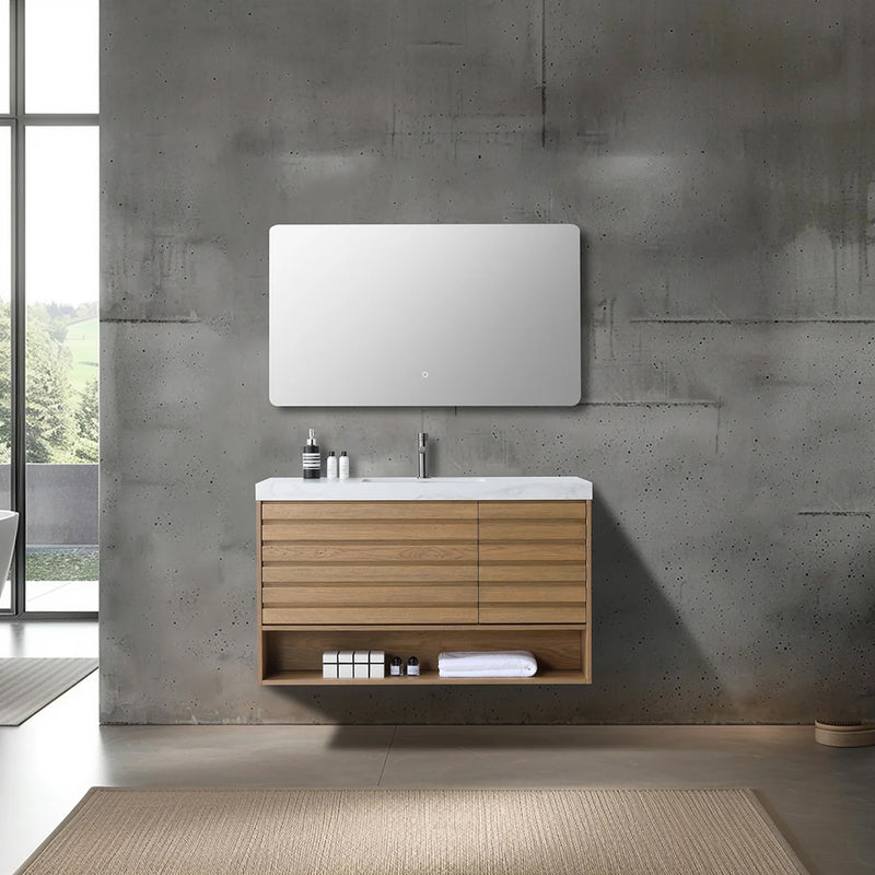 Matera 2 Drawers + 1 Open Shelf Bathroom Vanity with White Stone Sink - Wall Mount - 48" Wood/Pecan Oak