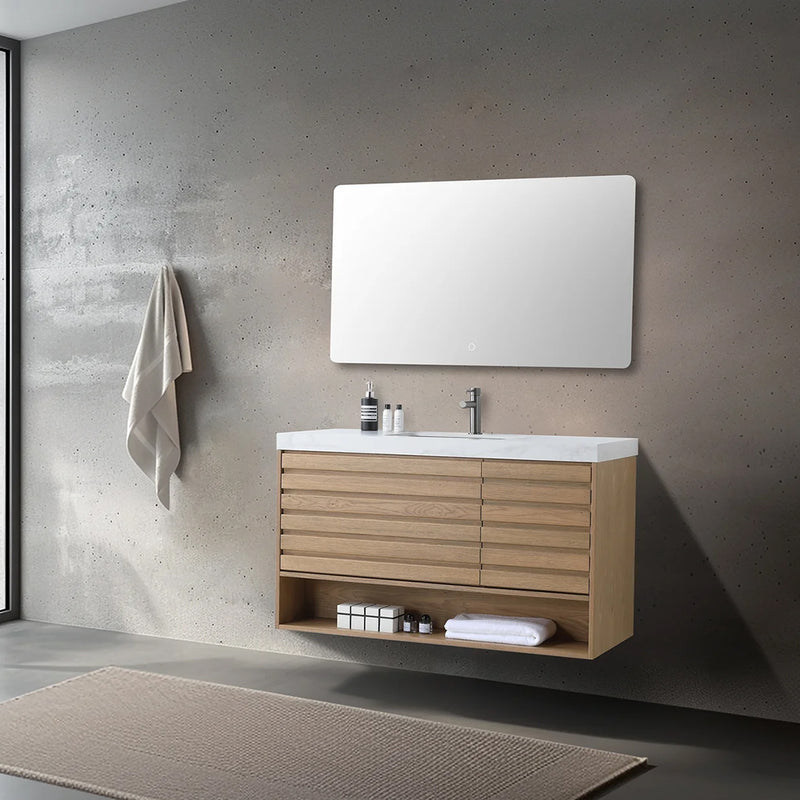 Matera 2 Drawers + 1 Open Shelf Bathroom Vanity with White Stone Sink - Wall Mount - 48" Wood/Pecan Oak