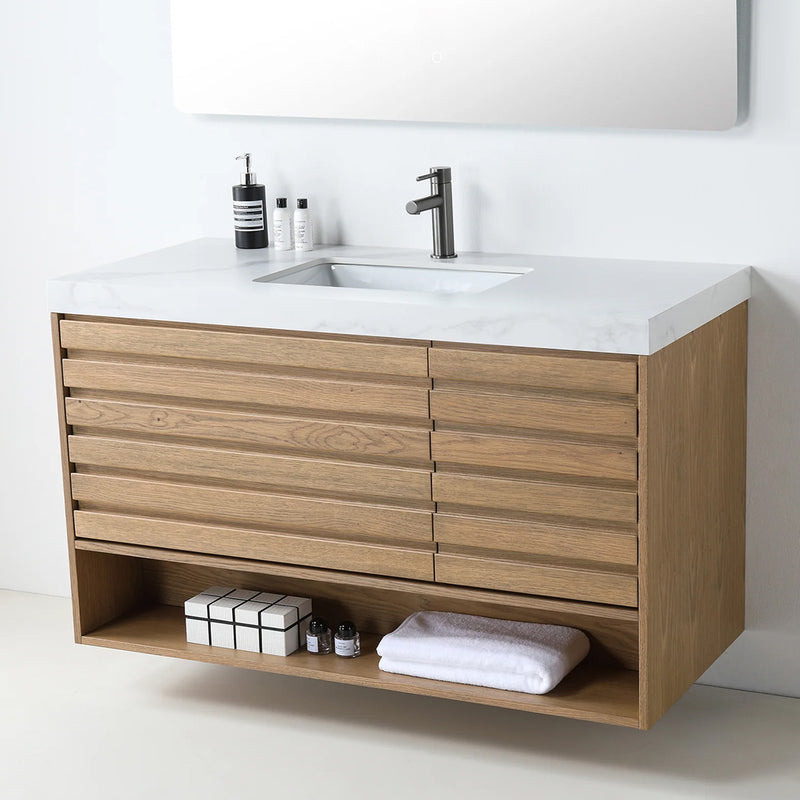 Matera 2 Drawers + 1 Open Shelf Bathroom Vanity with White Stone Sink - Wall Mount - 48" Wood/Pecan Oak