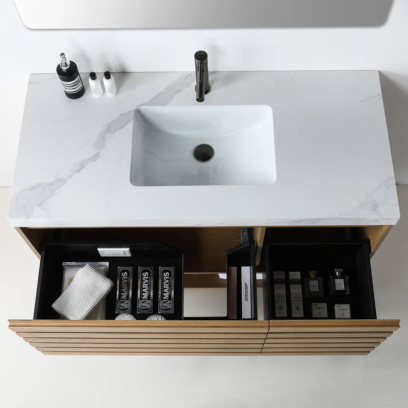 Matera 2 Drawers + 1 Open Shelf Bathroom Vanity with White Stone Sink - Wall Mount - 48" Wood/Pecan Oak