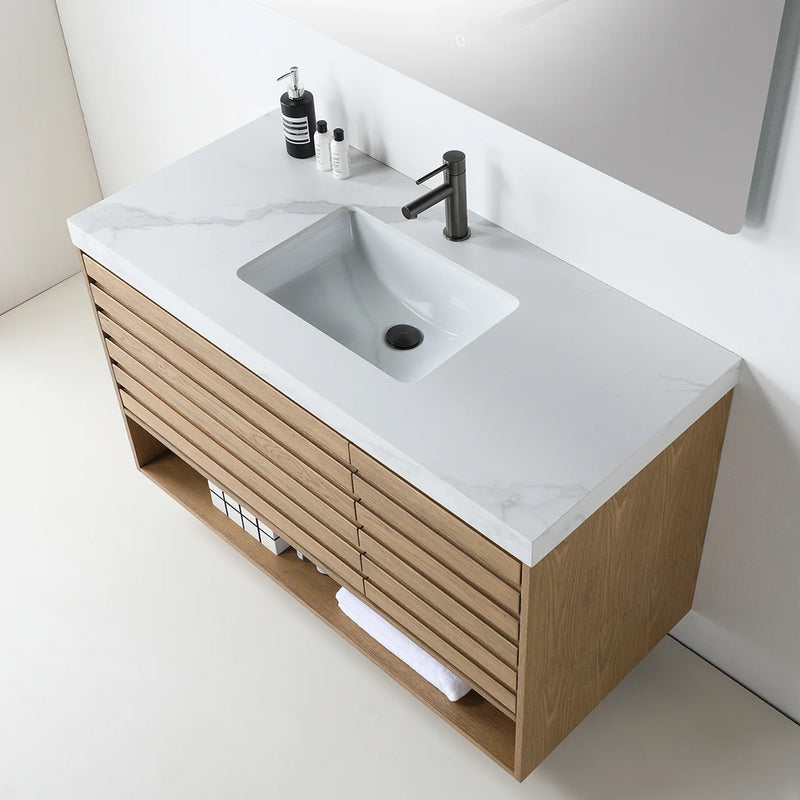 Matera 2 Drawers + 1 Open Shelf Bathroom Vanity with White Stone Sink - Wall Mount - 48" Wood/Pecan Oak