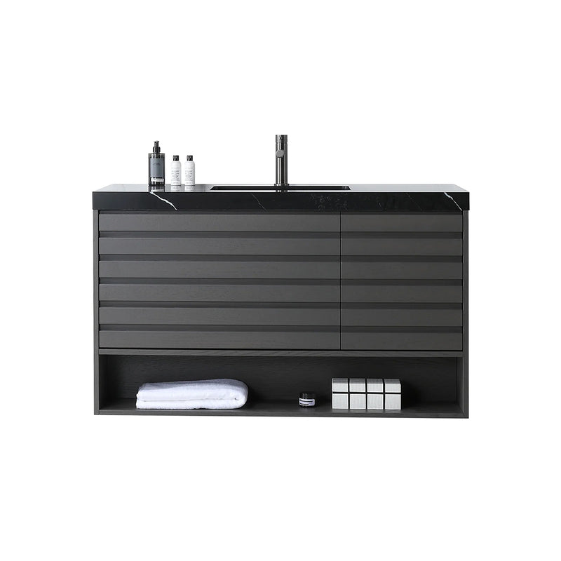 Matera 2 Drawers + 1 Open Shelf Bathroom Vanity with Black Quartz Sink - Wall Mount - 48" Wood/Charcoal