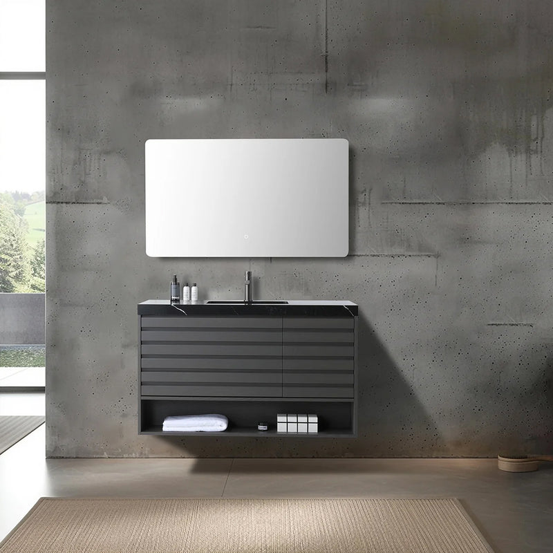 Matera 2 Drawers + 1 Open Shelf Bathroom Vanity with Black Quartz Sink - Wall Mount - 48" Wood/Charcoal