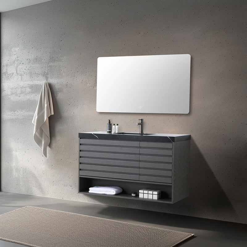 Matera 2 Drawers + 1 Open Shelf Bathroom Vanity with Black Quartz Sink - Wall Mount - 48" Wood/Charcoal