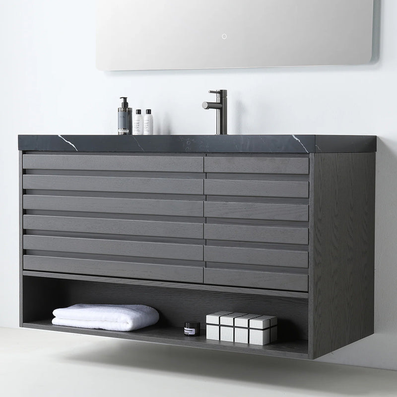 Matera 2 Drawers + 1 Open Shelf Bathroom Vanity with Black Quartz Sink - Wall Mount - 48" Wood/Charcoal