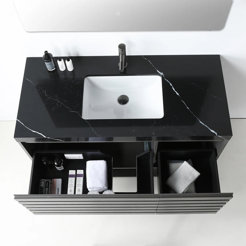 Matera 2 Drawers + 1 Open Shelf Bathroom Vanity with Black Quartz Sink - Wall Mount - 48" Wood/Charcoal