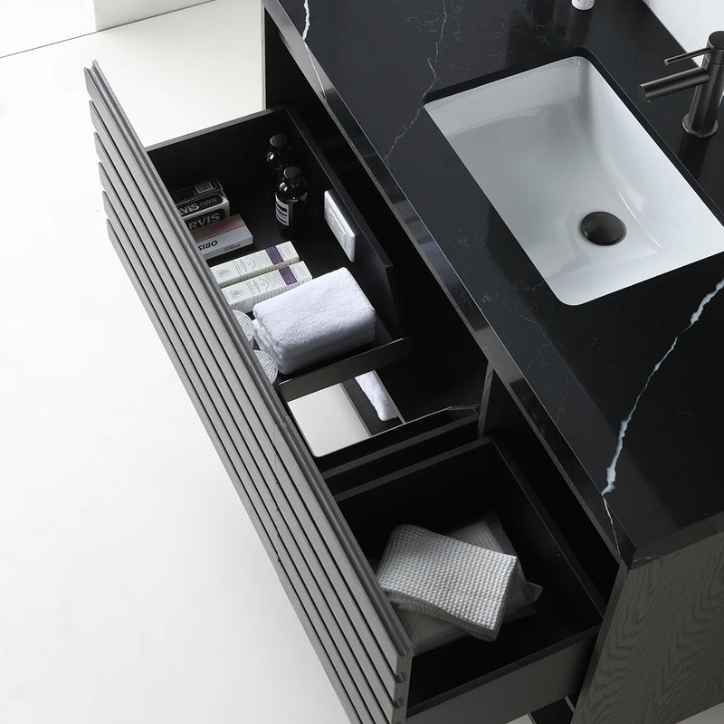 Matera 2 Drawers + 1 Open Shelf Bathroom Vanity with Black Quartz Sink - Wall Mount - 48" Wood/Charcoal