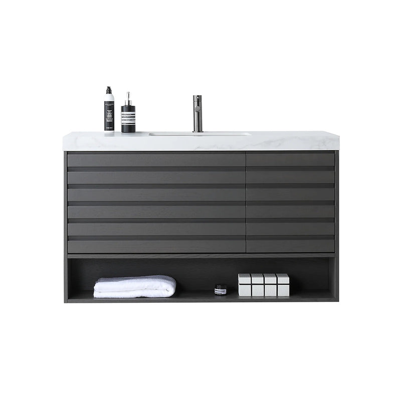 Matera 2 Drawers + 1 Open Shelf Bathroom Vanity with White Stone Sink - Wall Mount - 48" Wood/Charcoal