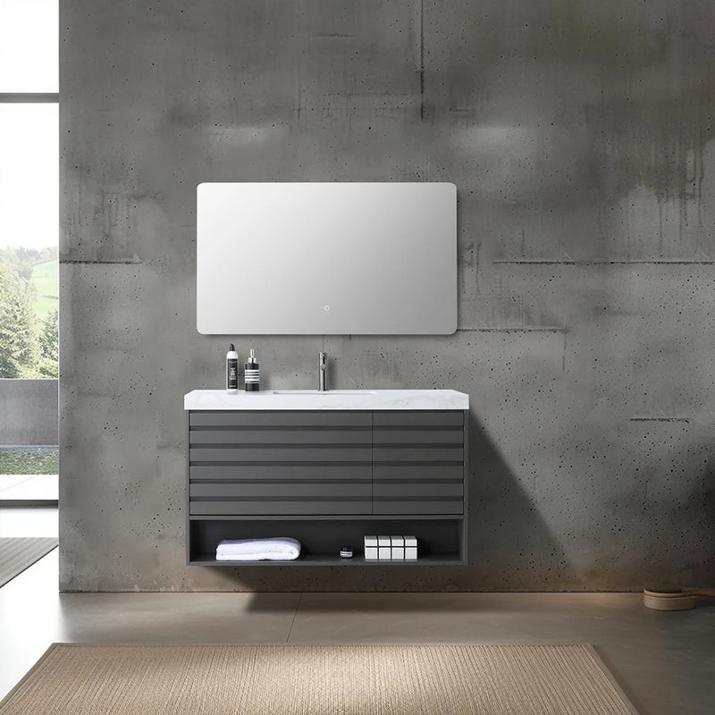 Matera 2 Drawers + 1 Open Shelf Bathroom Vanity with White Stone Sink - Wall Mount - 48" Wood/Charcoal