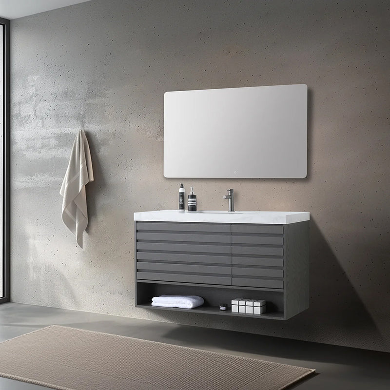 Matera 2 Drawers + 1 Open Shelf Bathroom Vanity with White Stone Sink - Wall Mount - 48" Wood/Charcoal