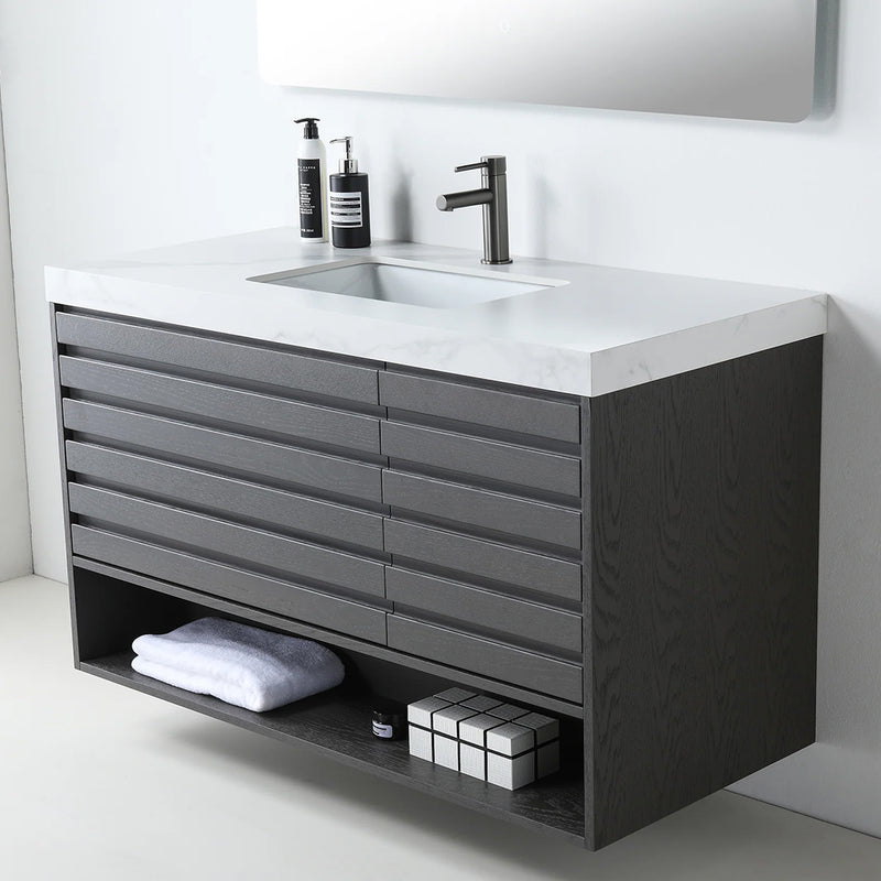 Matera 2 Drawers + 1 Open Shelf Bathroom Vanity with White Stone Sink - Wall Mount - 48" Wood/Charcoal