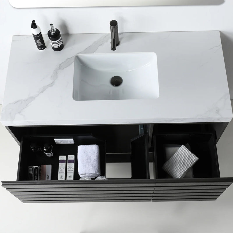 Matera 2 Drawers + 1 Open Shelf Bathroom Vanity with White Stone Sink - Wall Mount - 48" Wood/Charcoal