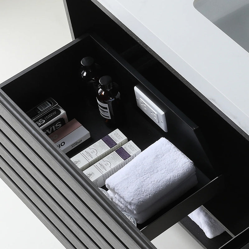 Matera 2 Drawers + 1 Open Shelf Bathroom Vanity with White Stone Sink - Wall Mount - 48" Wood/Charcoal