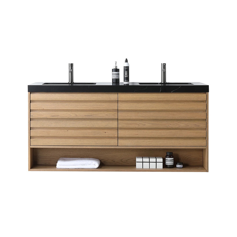Matera 2 Drawers + 1 Open Shelf Bathroom Vanity with Black Quartz Sink - Wall Mount - 60" Wood/Pecan Oak