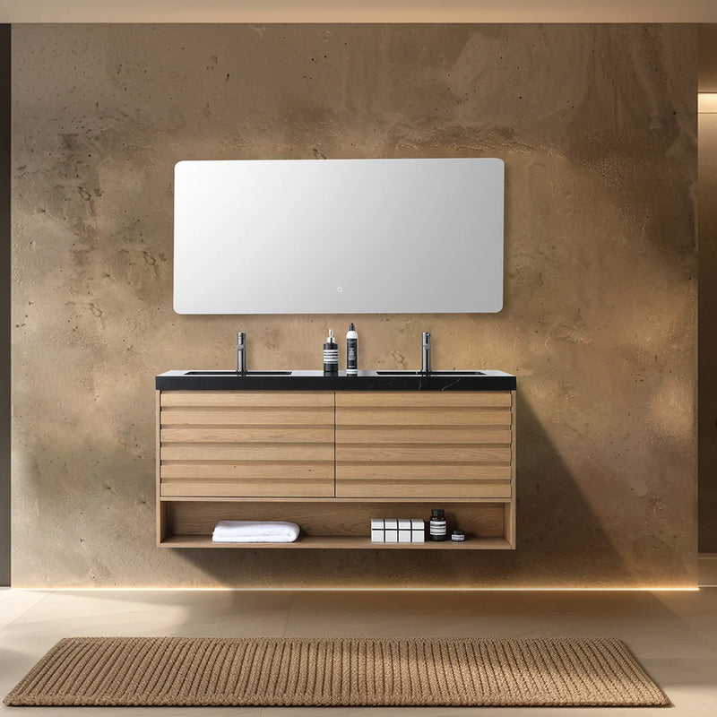 Matera 2 Drawers + 1 Open Shelf Bathroom Vanity with Black Quartz Sink - Wall Mount - 60" Wood/Pecan Oak
