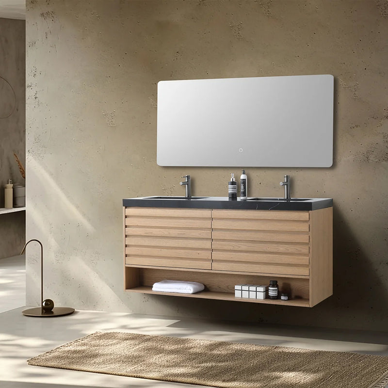 Matera 2 Drawers + 1 Open Shelf Bathroom Vanity with Black Quartz Sink - Wall Mount - 60" Wood/Pecan Oak