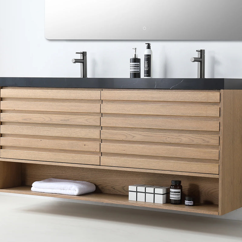 Matera 2 Drawers + 1 Open Shelf Bathroom Vanity with Black Quartz Sink - Wall Mount - 60" Wood/Pecan Oak