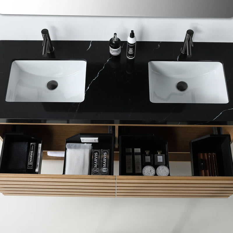 Matera 2 Drawers + 1 Open Shelf Bathroom Vanity with Black Quartz Sink - Wall Mount - 60" Wood/Pecan Oak