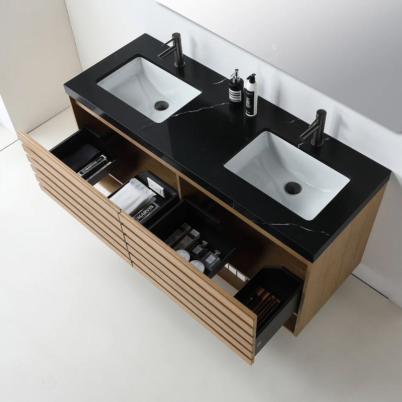 Matera 2 Drawers + 1 Open Shelf Bathroom Vanity with Black Quartz Sink - Wall Mount - 60" Wood/Pecan Oak