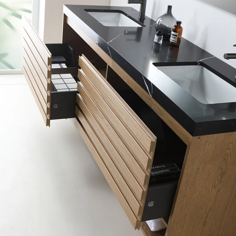 Matera 2 Drawers + 1 Open Shelf Bathroom Vanity with Black Quartz Sink - Wall Mount - 60" Wood/Pecan Oak