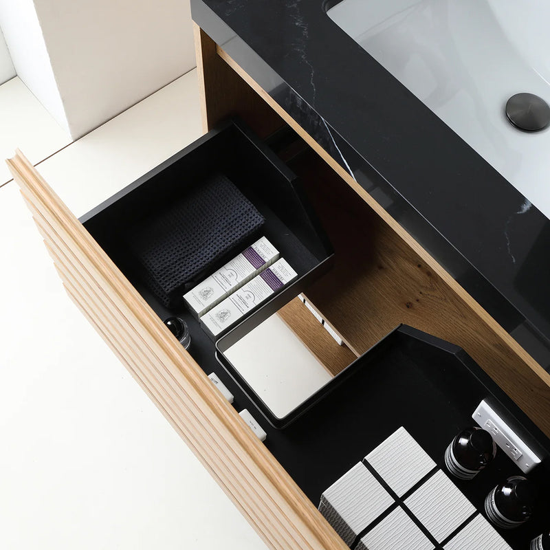 Matera 2 Drawers + 1 Open Shelf Bathroom Vanity with Black Quartz Sink - Wall Mount - 60" Wood/Pecan Oak