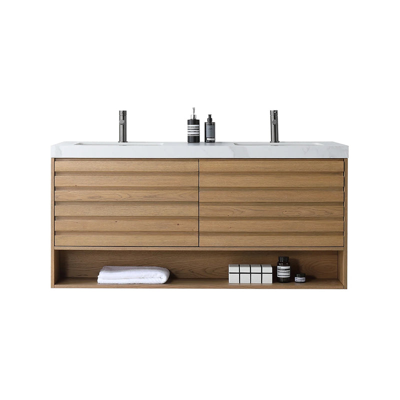 Matera 2 Drawers + 1 Open Shelf Bathroom Vanity with White Stone Sink - Wall Mount - 60" Wood/Pecan Oak