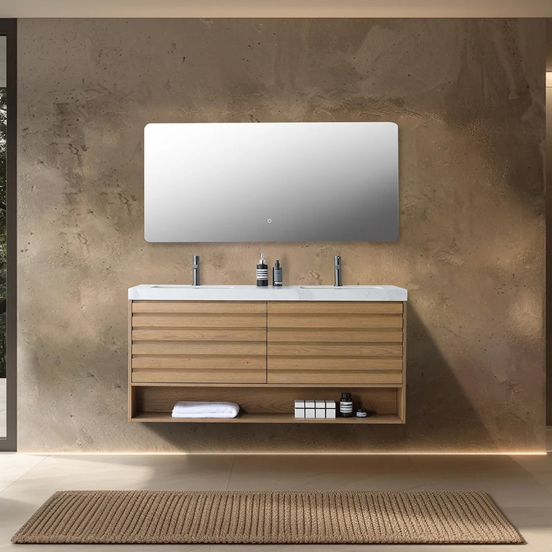 Matera 2 Drawers + 1 Open Shelf Bathroom Vanity with White Stone Sink - Wall Mount - 60" Wood/Pecan Oak