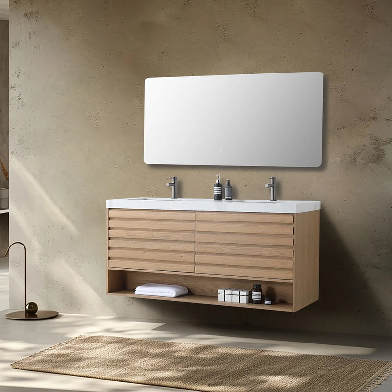 Matera 2 Drawers + 1 Open Shelf Bathroom Vanity with White Stone Sink - Wall Mount - 60" Wood/Pecan Oak