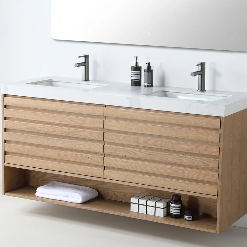 Matera 2 Drawers + 1 Open Shelf Bathroom Vanity with White Stone Sink - Wall Mount - 60" Wood/Pecan Oak