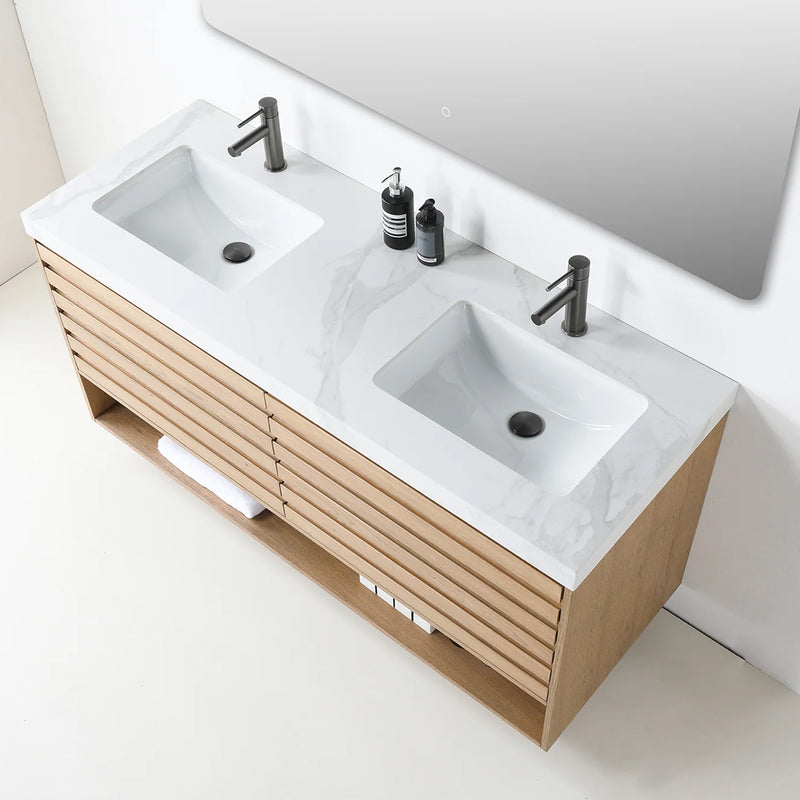 Matera 2 Drawers + 1 Open Shelf Bathroom Vanity with White Stone Sink - Wall Mount - 60" Wood/Pecan Oak