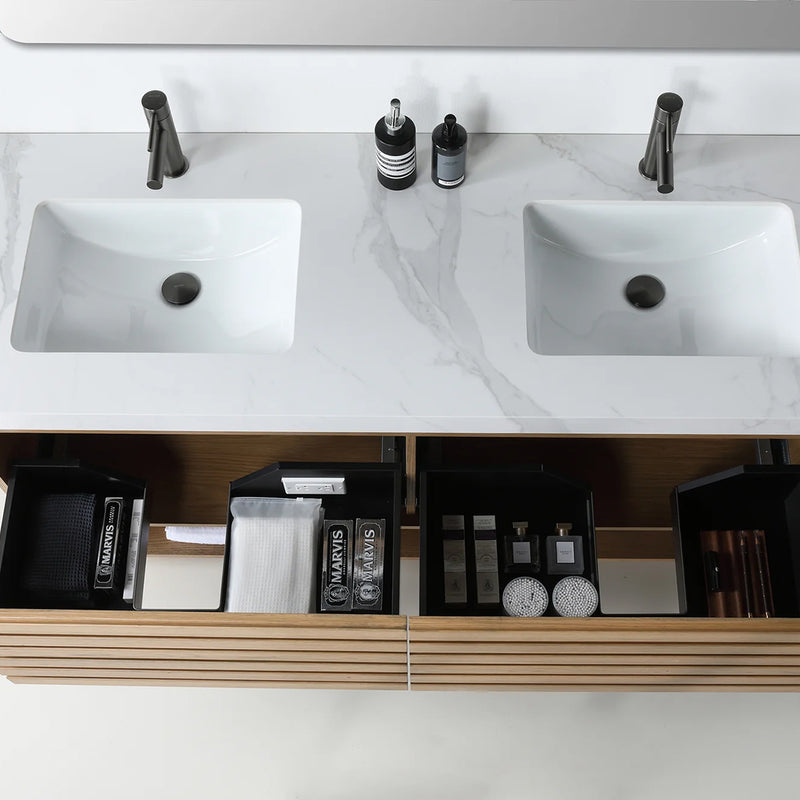 Matera 2 Drawers + 1 Open Shelf Bathroom Vanity with White Stone Sink - Wall Mount - 60" Wood/Pecan Oak