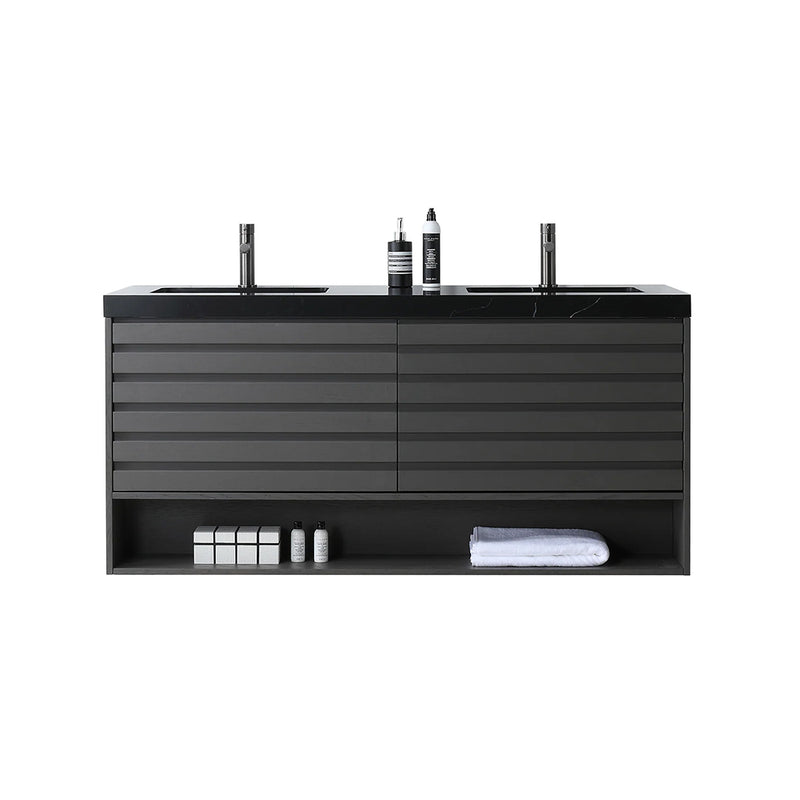 Matera 2 Drawers + 1 Open Shelf Bathroom Vanity with Black Quartz Sink - Wall Mount - 60" Wood/Charcoal
