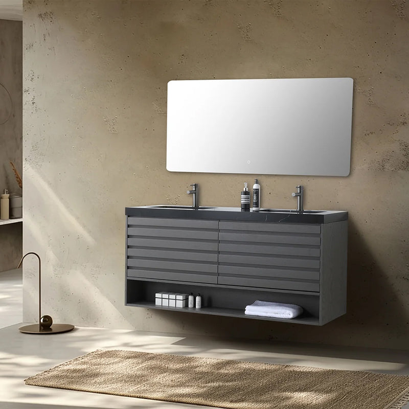 Matera 2 Drawers + 1 Open Shelf Bathroom Vanity with Black Quartz Sink - Wall Mount - 60" Wood/Charcoal