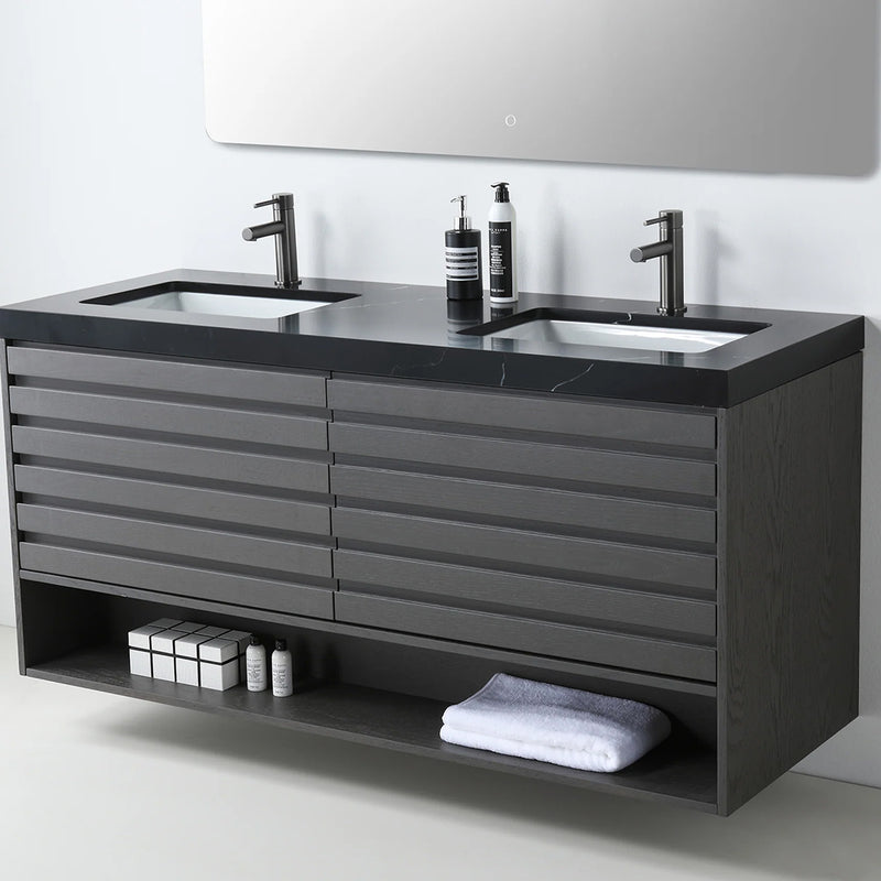 Matera 2 Drawers + 1 Open Shelf Bathroom Vanity with Black Quartz Sink - Wall Mount - 60" Wood/Charcoal