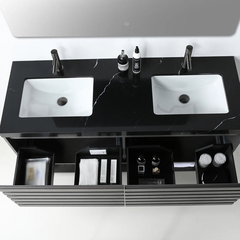Matera 2 Drawers + 1 Open Shelf Bathroom Vanity with Black Quartz Sink - Wall Mount - 60" Wood/Charcoal
